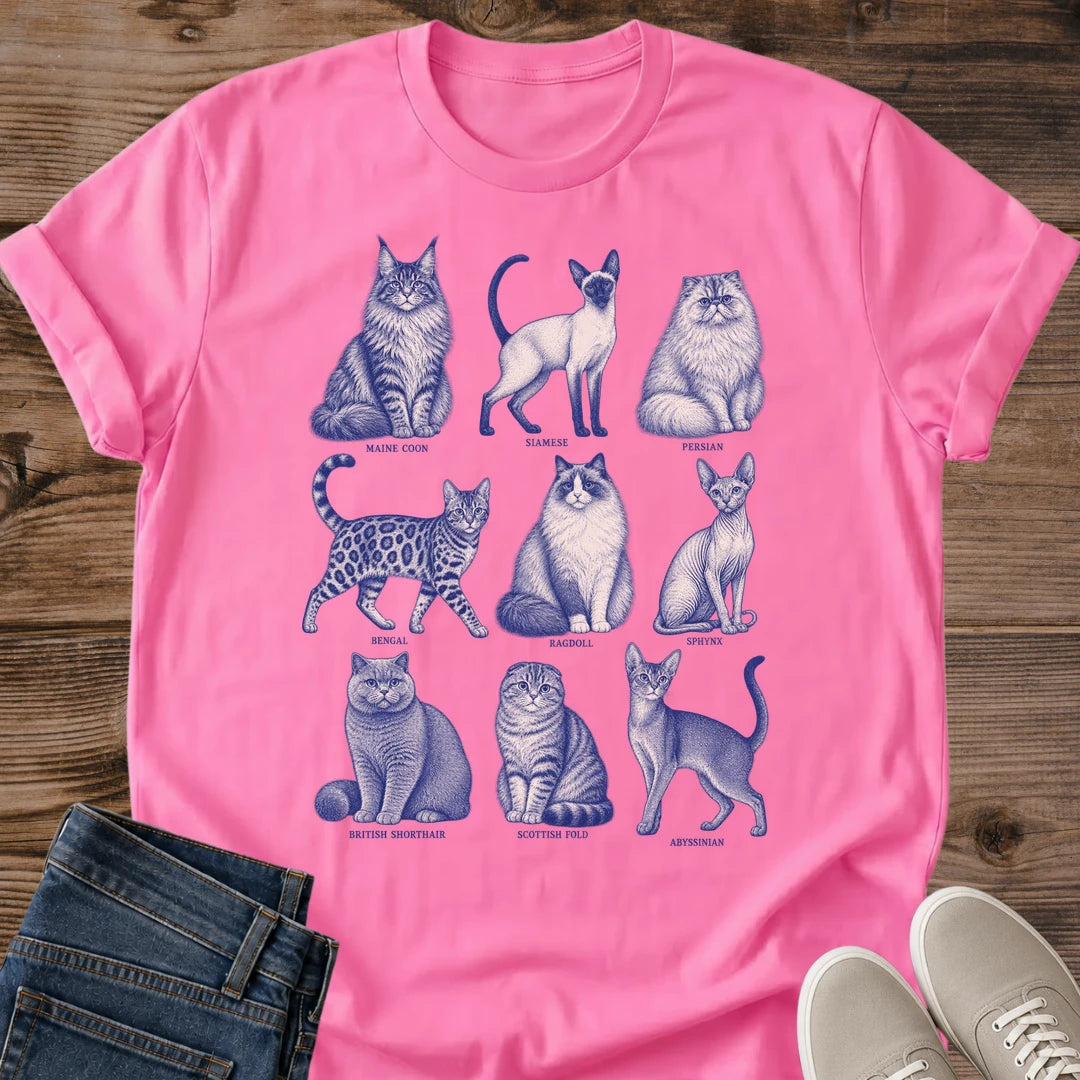 Cat Lover Shirt – Vintage Blue Illustration of 9 Cat Breeds