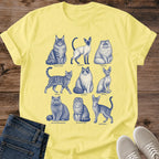 Nine Cat Breeds Shirt Vintage Illustration Collection Hand Drawn Feline Gallery Blue Artistic Design Cat Lover Essential Soft Breathable Cotton Fabric Comfortable Casual Wear Perfect Pet Owner Gift Delicate Linework Style Lightweight
