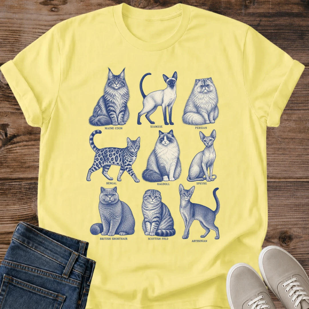 Nine Cat Breeds Shirt Vintage Illustration Collection Hand Drawn Feline Gallery Blue Artistic Design Cat Lover Essential Soft Breathable Cotton Fabric Comfortable Casual Wear Perfect Pet Owner Gift Delicate Linework Style Lightweight