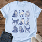 Cat Lover Shirt Perfect Gift Cat Mom Present Vintage Blue Illustration Nine Cat Breeds Hand Drawn Design Soft Breathable Cotton Fabric Comfortable Everyday Wear Casual Style Feline Enthusiast Essential Pet Owner Collection Relaxed Weekend