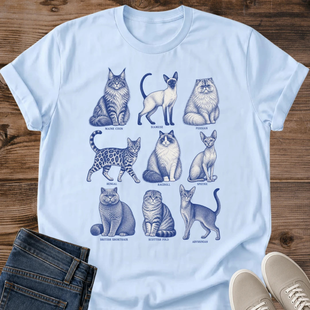 Cat Lover Shirt Perfect Gift Cat Mom Present Vintage Blue Illustration Nine Cat Breeds Hand Drawn Design Soft Breathable Cotton Fabric Comfortable Everyday Wear Casual Style Feline Enthusiast Essential Pet Owner Collection Relaxed Weekend
