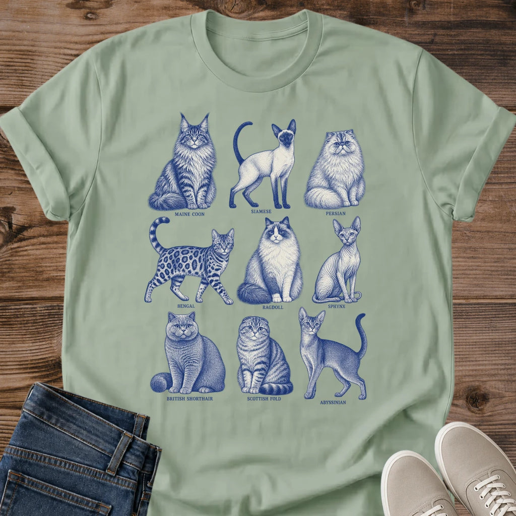 Cat Lover Shirt – Vintage Blue Illustration of 9 Cat Breeds