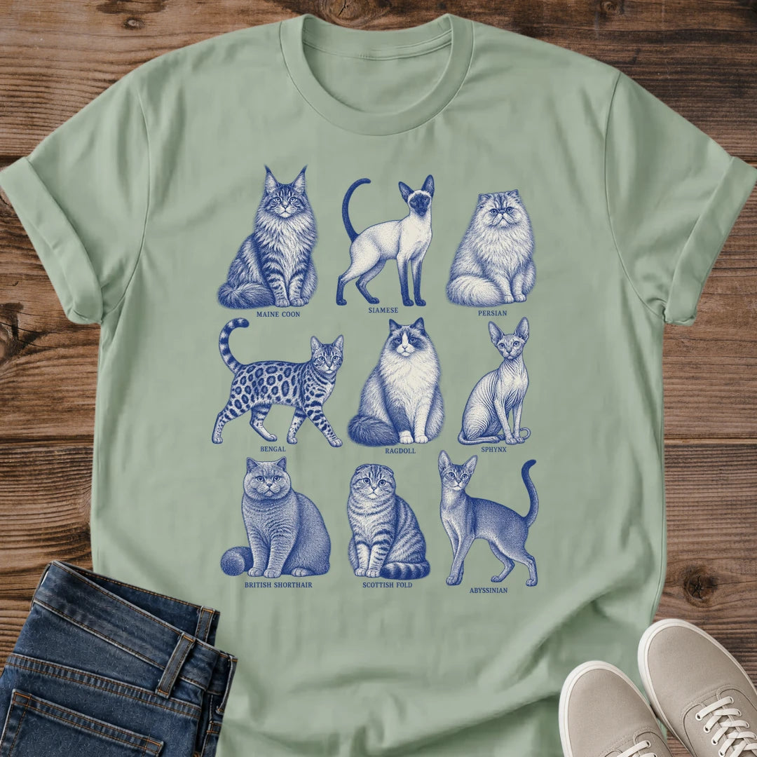 Cat Lover Shirt – Vintage Blue Illustration of 9 Cat Breeds
