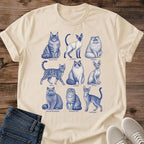 Soft Cotton Cat Shirt Comfortable Everyday Wear Vintage Blue Design Nine Feline Breeds Illustration Hand Drawn Artistic Style Cat Lover Essential Breathable Lightweight Fabric Casual Relaxed Clothing Perfect Cat Mom Gift Pet Enthusiast