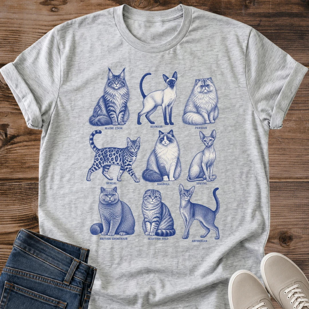 Vintage Cat Illustration Shirt Hand Drawn Design Blue Feline Gallery Nine Cat Breeds Collection Soft Cotton Fabric Comfortable Casual Wear Cat Lover Essential Perfect Pet Owner Gift Lightweight Everyday Style Breathable Year Round Comfort