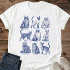 Cat Owner Lifestyle Shirt Vintage Blue Feline Design Nine Breeds Illustration Hand Drawn Gallery Style Soft Cotton Comfort Casual Everyday Wear Breathable Lightweight Fabric Perfect Cat Lover Gift Relaxed Home Clothing Pet Enthusiast