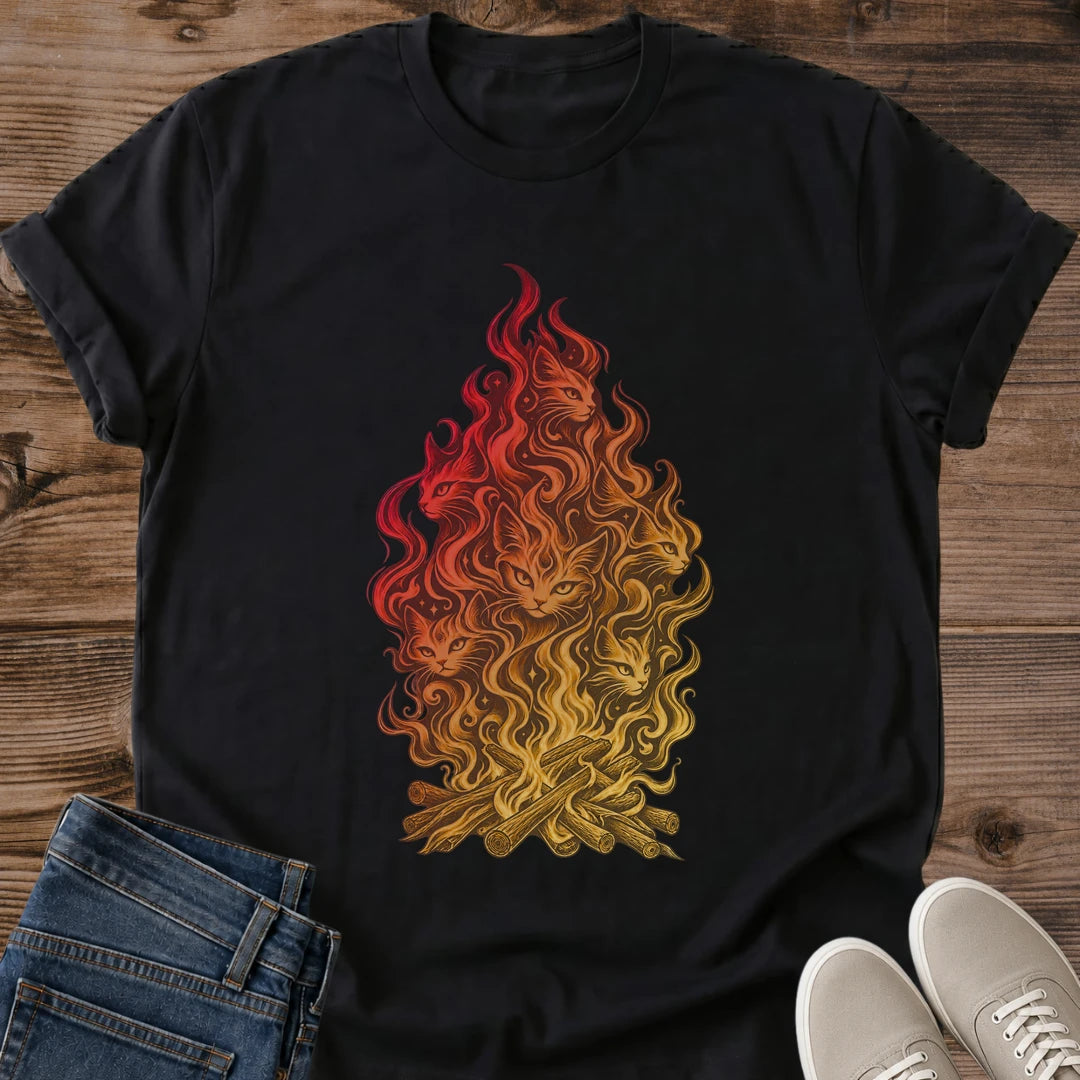 Bonfire Cat Shirt Fire Spirit Cats Tee Detailed Flame Illustration With Cat Shapes Hidden In The Fire Graphic Cat Owner Shirt Gift For Cat Lovers Autumn Camping Tee Mythical Cat Shirt Unisex Ringspun Cotton Shirt Cat Whisker Co