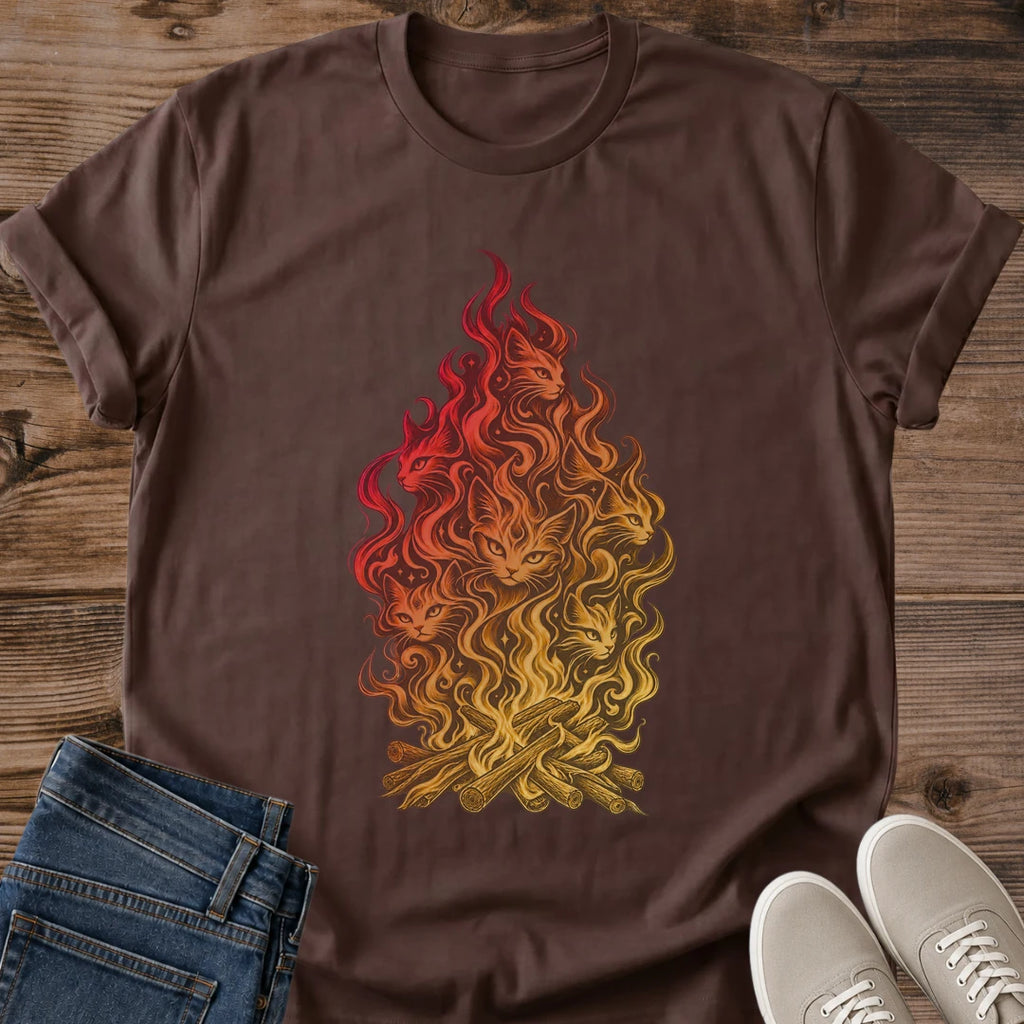 Fire Spirit Cat Shirt Cat Campfire Tee Flickering Flames Forming Cat Faces Over Logs Illustration Red And Gold Fire Art Design Camping Shirt Cat Owner Gift For Her Cat Dad Tee Hidden Cat Art Soft Cotton Unisex Shirt Cat Whisker Co