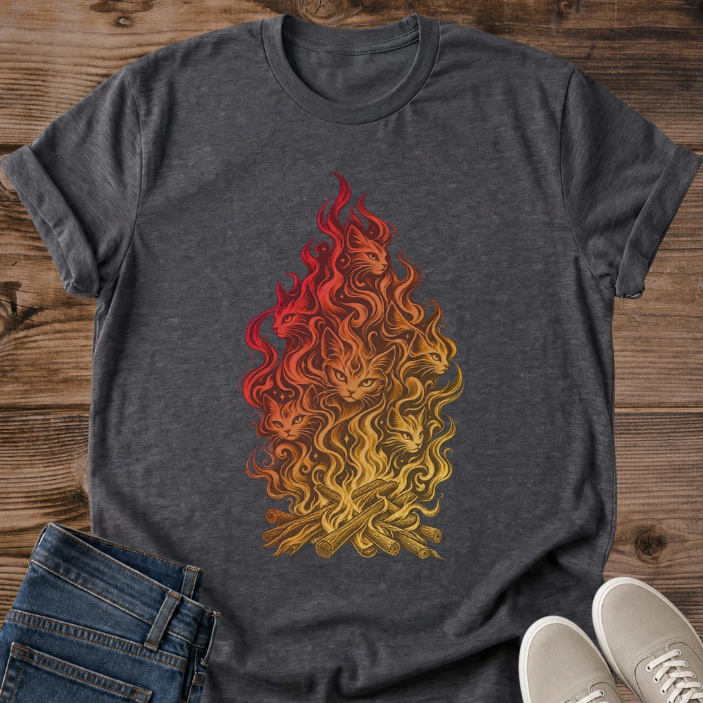 Fire Spirit Cat Shirt Cat Campfire Tee Flickering Flames Forming Cat Faces Over Logs Illustration Red And Gold Fire Art Design Camping Shirt Cat Owner Gift For Her Cat Dad Tee Hidden Cat Art Soft Cotton Unisex Shirt Cat Whisker Co