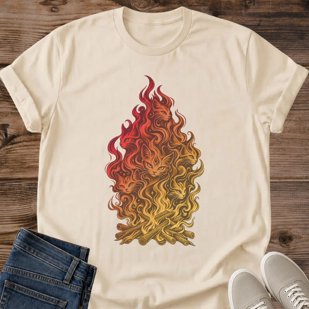 Cat Campfire Shirt White Hidden Cats In Flames Tee Mystical Fire Spirit Cat Graphic Bonfire Illusion Art Shirt Camping Cat Lover Gift Fall Bonfire Tee Cat Mom Gift Optical Illusion Cats Gildan 64000 Softstyle Unisex Cat Whisker Co