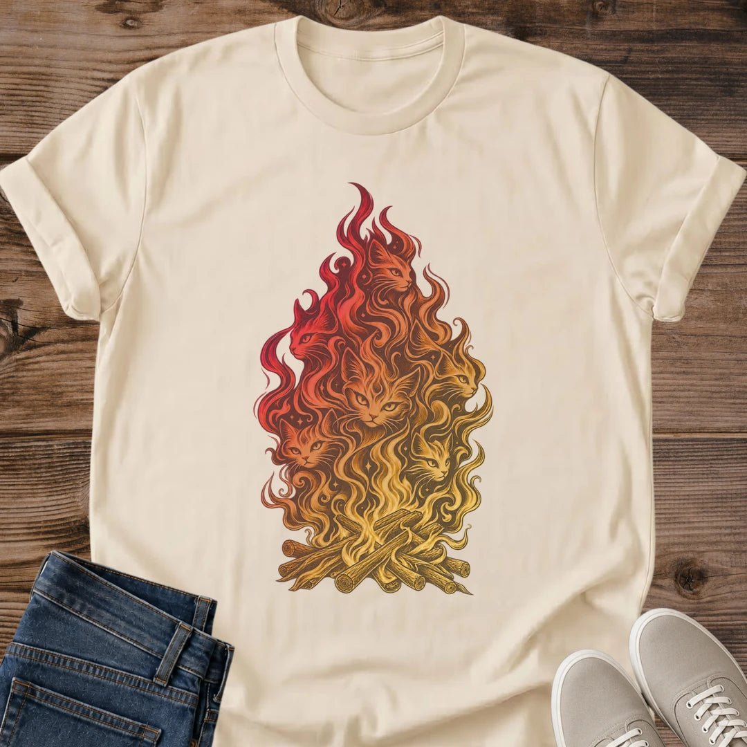 Cat Campfire Shirt White Hidden Cats In Flames Tee Mystical Fire Spirit Cat Graphic Bonfire Illusion Art Shirt Camping Cat Lover Gift Fall Bonfire Tee Cat Mom Gift Optical Illusion Cats Gildan 64000 Softstyle Unisex Cat Whisker Co