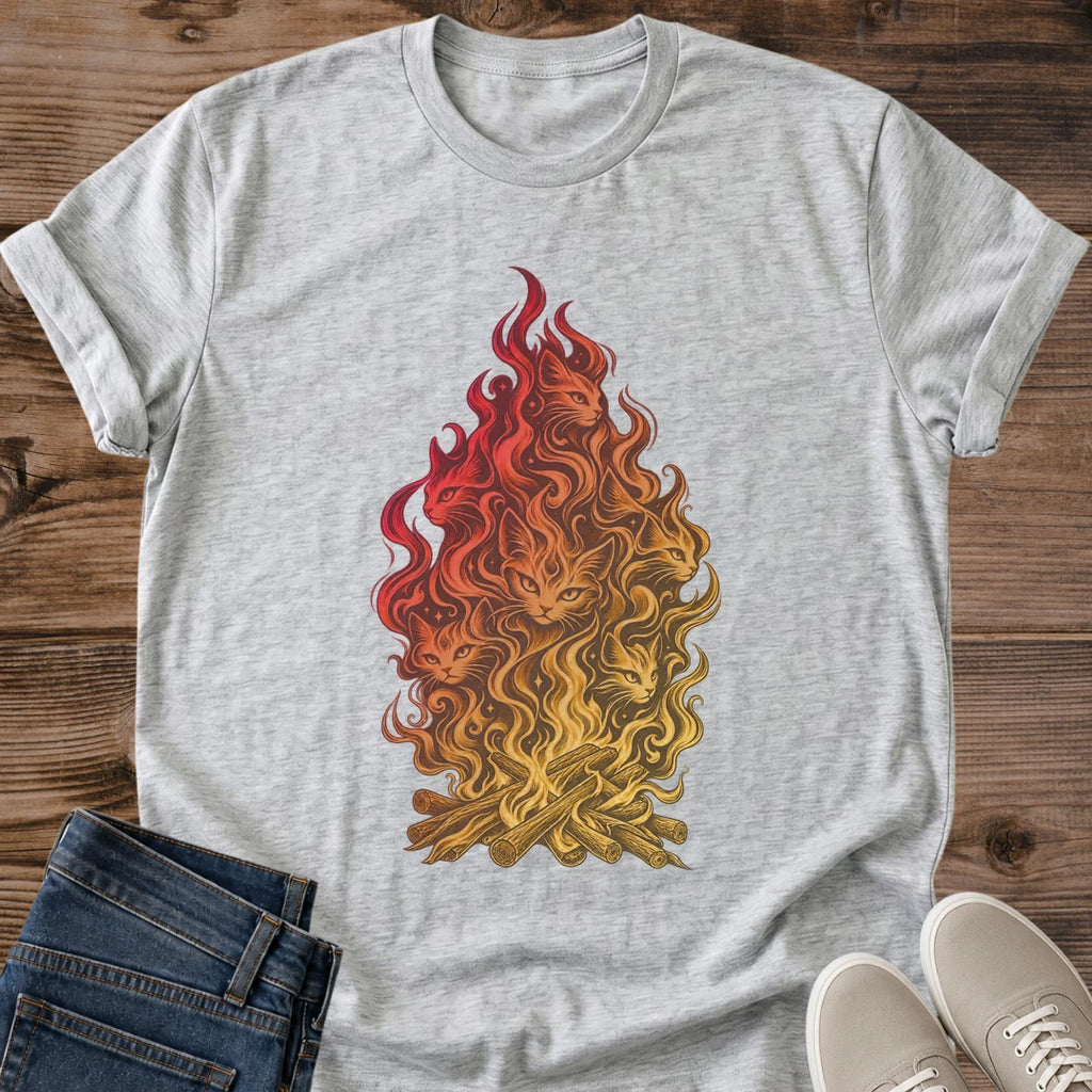 Bonfire Cat Shirt Fire Spirit Cats Tee Detailed Flame Illustration With Cat Shapes Hidden In The Fire Graphic Cat Owner Shirt Gift For Cat Lovers Autumn Camping Tee Mythical Cat Shirt Unisex Ringspun Cotton Shirt Cat Whisker Co
