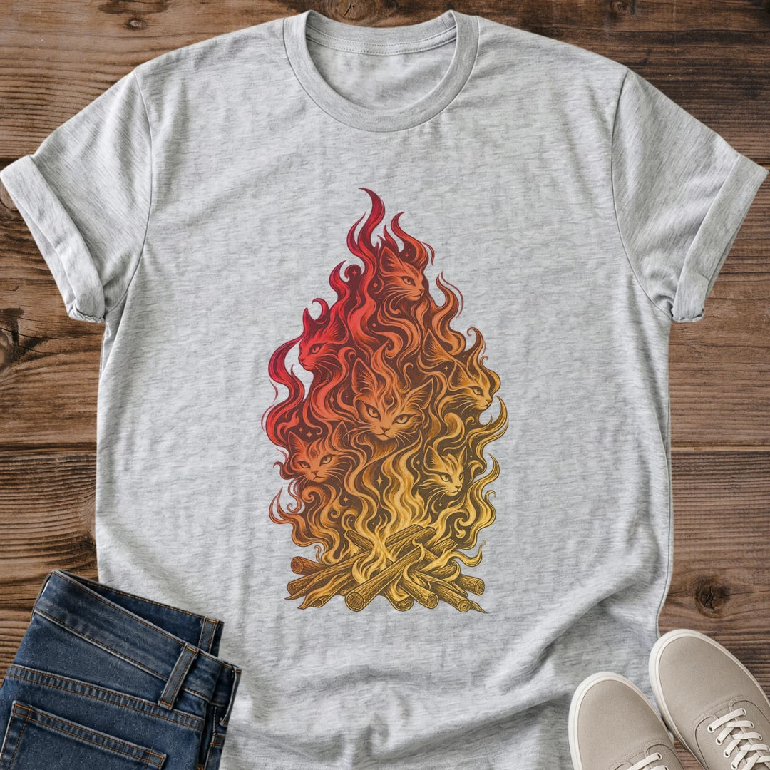 Bonfire Cat Shirt Fire Spirit Cats Tee Detailed Flame Illustration With Cat Shapes Hidden In The Fire Graphic Cat Owner Shirt Gift For Cat Lovers Autumn Camping Tee Mythical Cat Shirt Unisex Ringspun Cotton Shirt Cat Whisker Co