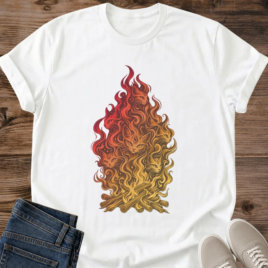Cat Campfire Shirt White Hidden Cats In Flames Tee Mystical Fire Spirit Cat Graphic Bonfire Illusion Art Shirt Camping Cat Lover Gift Fall Bonfire Tee Cat Mom Gift Optical Illusion Cats Gildan 64000 Softstyle Unisex Cat Whisker Co