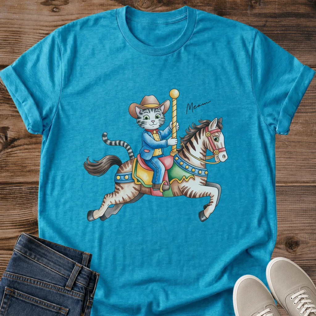 Artistic Graphic Tee Vintage Cat Design Carousel Horse Illustration Retro Cotton Shirt Whimsical Animal Print Style Lightweight Casual Wear Comfortable Fabric Nostalgic Fashion Statement Unique Cat Lover Gift Soft Cotton Material Classic