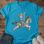Artistic Graphic Tee Vintage Cat Design Carousel Horse Illustration Retro Cotton Shirt Whimsical Animal Print Style Lightweight Casual Wear Comfortable Fabric Nostalgic Fashion Statement Unique Cat Lover Gift Soft Cotton Material Classic