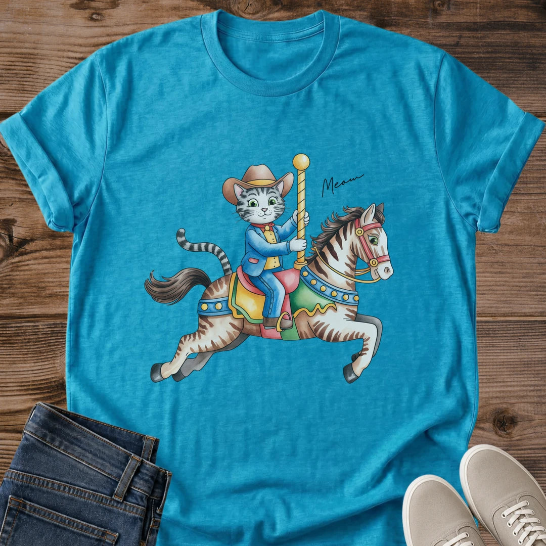 Artistic Graphic Tee Vintage Cat Design Carousel Horse Illustration Retro Cotton Shirt Whimsical Animal Print Style Lightweight Casual Wear Comfortable Fabric Nostalgic Fashion Statement Unique Cat Lover Gift Soft Cotton Material Classic