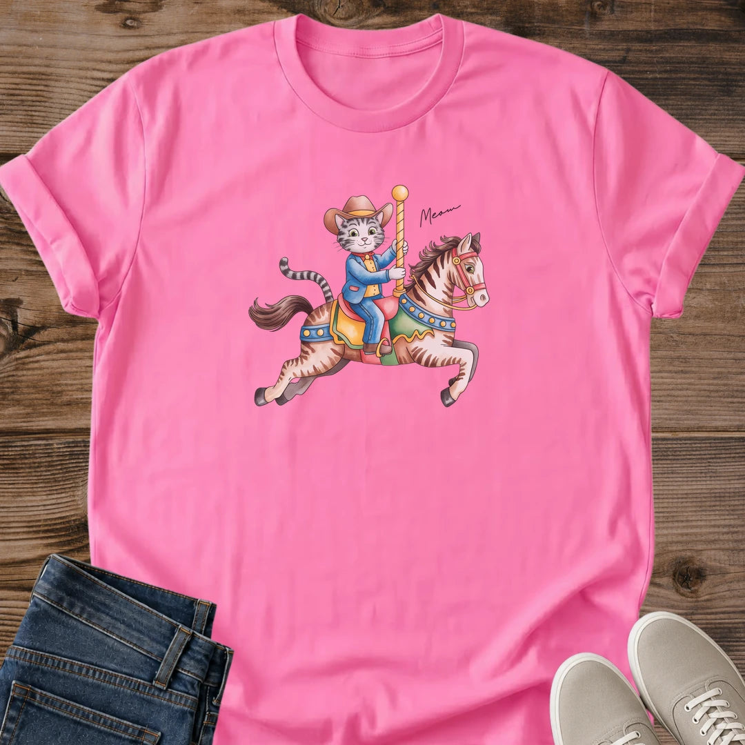 Streetwear Fashion Tee Cat Graphic Design Vintage Carousel Print Whimsical Cotton Shirt Retro Animal Illustration Style Casual Everyday Wear Comfortable Lightweight Fabric Nostalgic Artistic Statement Unique Cat Lover Clothing Soft Ring