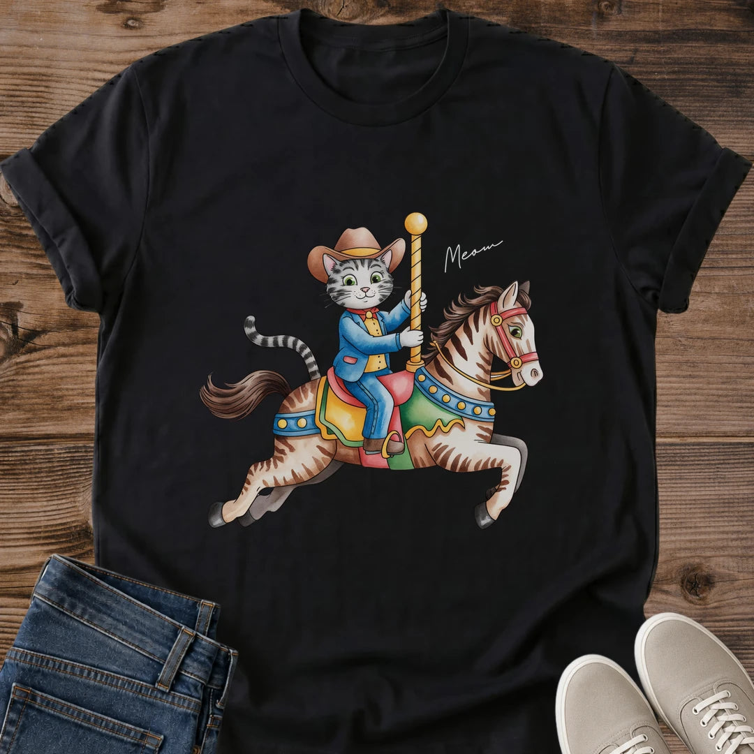 Vintage Carousel Design Tee Cat Graphic Shirt Retro Animal Print Cotton Fabric Whimsical Illustration Style Lightweight Casual Wear Comfortable Daily Fashion Nostalgic Horse Rider Design Unique Cat Lover Clothing Soft Cotton Tee Classic Fit