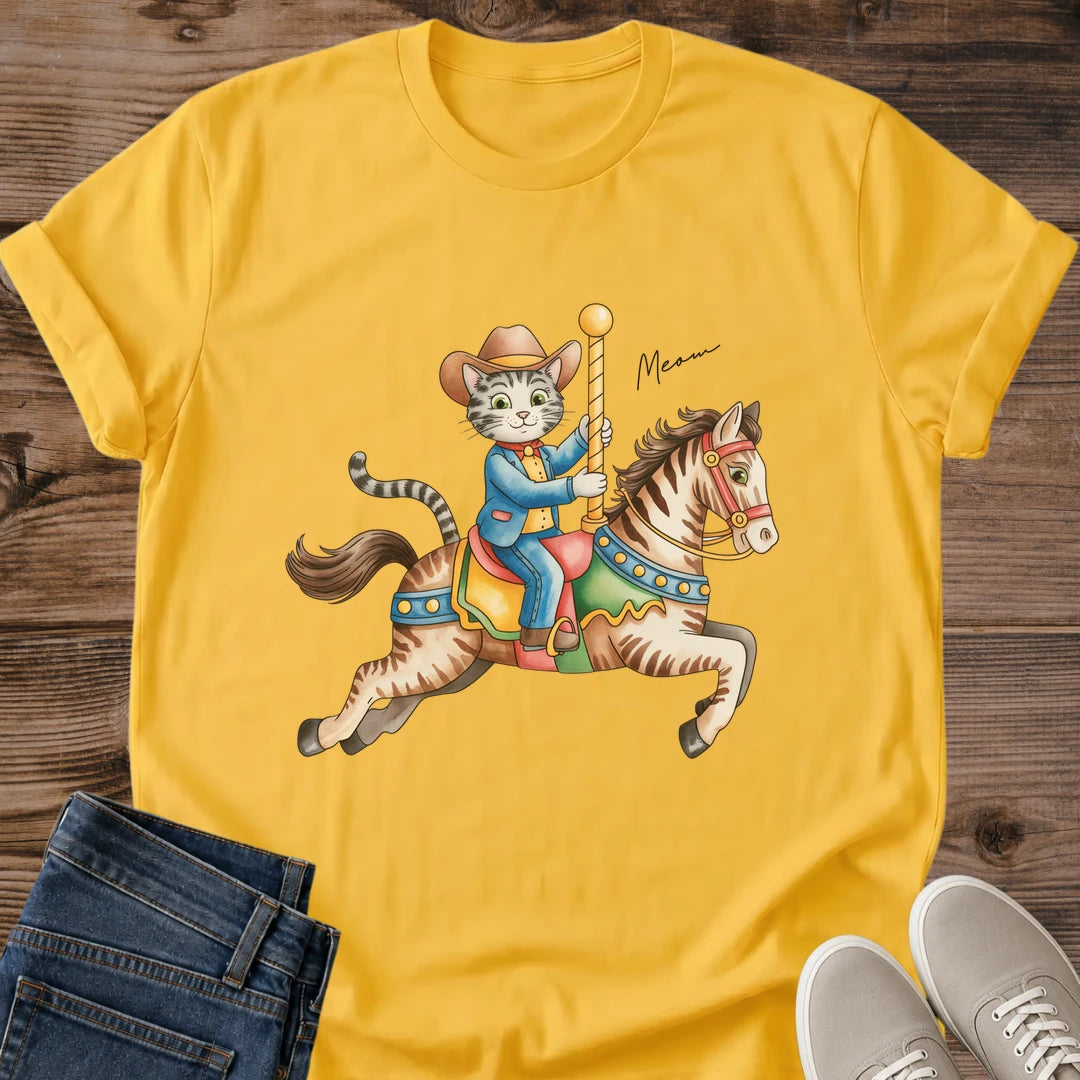 Casual Cotton Tee Shirt Cat Graphic Design Vintage Carousel Horse Print Lightweight Comfortable Fabric Whimsical Animal Illustration Retro Style Clothing Everyday Wear Essential Soft Ring Spun Material Classic Crew Neck Fit Nostalgic