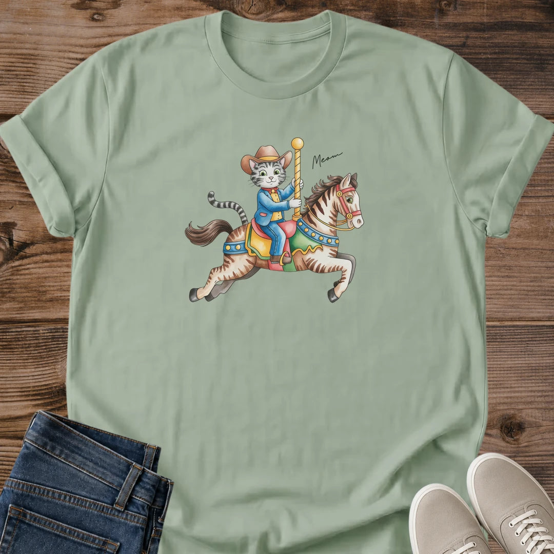 Casual Cotton Tee Shirt Cat Graphic Design Vintage Carousel Horse Print Lightweight Comfortable Fabric Whimsical Animal Illustration Retro Style Clothing Everyday Wear Essential Soft Ring Spun Material Classic Crew Neck Fit Nostalgic