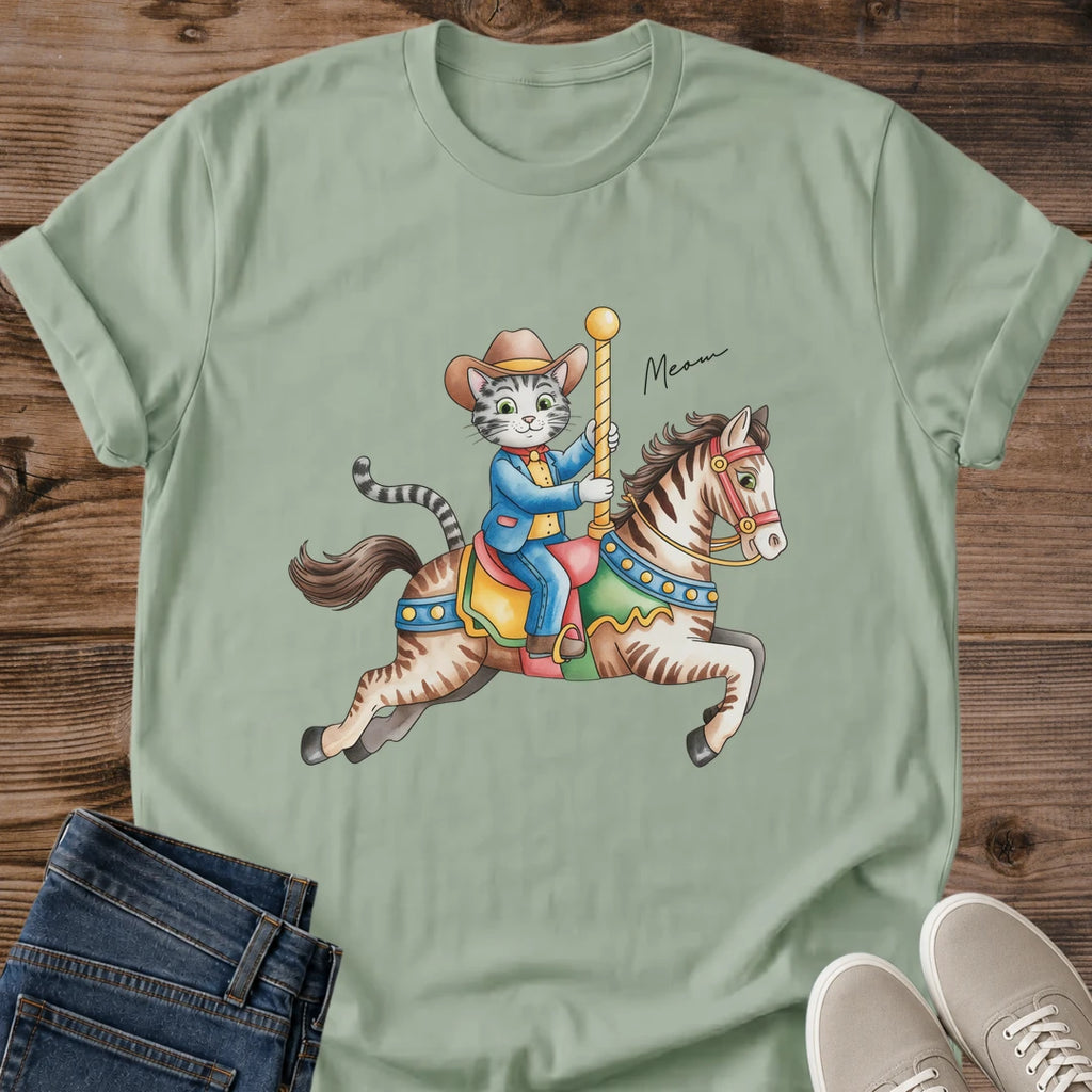 Streetwear Fashion Tee Cat Graphic Design Vintage Carousel Print Whimsical Cotton Shirt Retro Animal Illustration Style Casual Everyday Wear Comfortable Lightweight Fabric Nostalgic Artistic Statement Unique Cat Lover Clothing Soft Ring