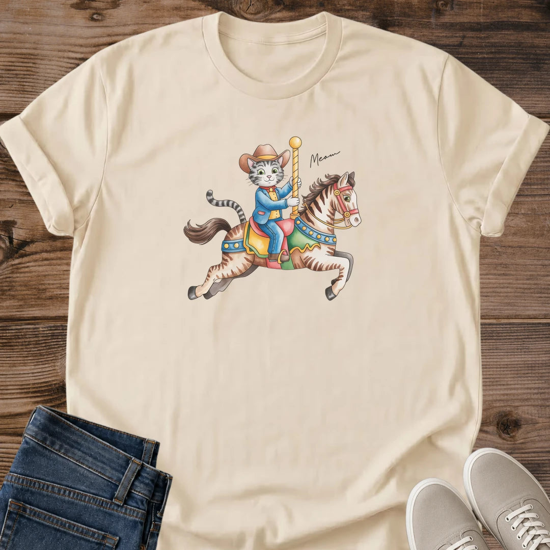 Vintage Carousel Design Tee Cat Graphic Shirt Retro Animal Print Cotton Fabric Whimsical Illustration Style Lightweight Casual Wear Comfortable Daily Fashion Nostalgic Horse Rider Design Unique Cat Lover Clothing Soft Cotton Tee Classic Fit