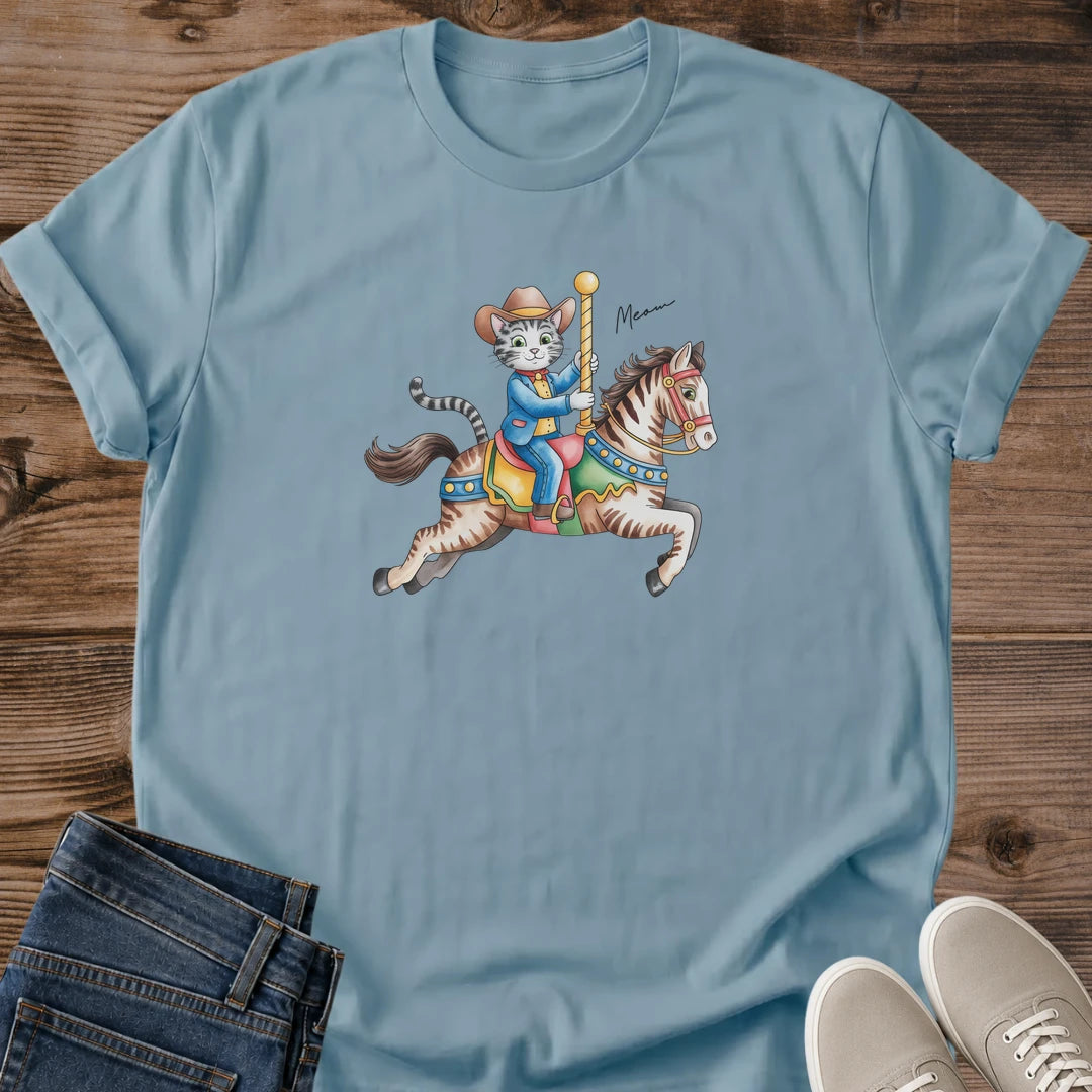 Cat Lover Gift Shirt Whimsical Carousel Horse Design Vintage Graphic Tee Cotton Fabric Lightweight Comfortable Wear Retro Animal Print Clothing Playful Illustration Style Casual Everyday Fashion Statement Unique Cat Graphic Design Nostalgic