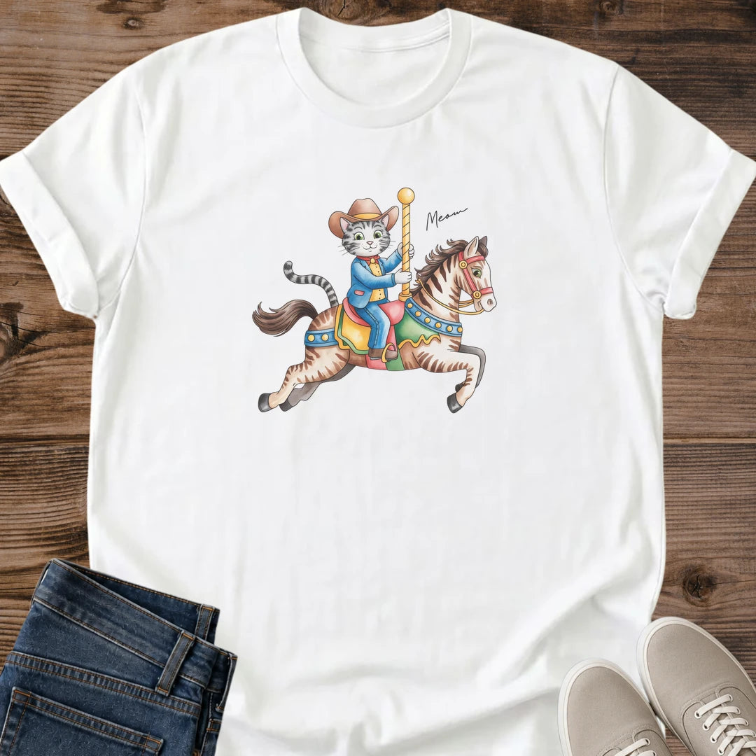 Artistic Graphic Tee Vintage Cat Design Carousel Horse Illustration Retro Cotton Shirt Whimsical Animal Print Style Lightweight Casual Wear Comfortable Fabric Nostalgic Fashion Statement Unique Cat Lover Gift Soft Cotton Material Classic