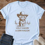 Soft Cotton Tee Comfortable Casual Shirt Cat Cowboy Graphic Design Vintage Western Style Crew Neck Fit Lightweight Fabric Choice Playful Kitten Illustration Neutral Color Base Relaxed Everyday Wear Easy Layering Essential Coffee Shop Style