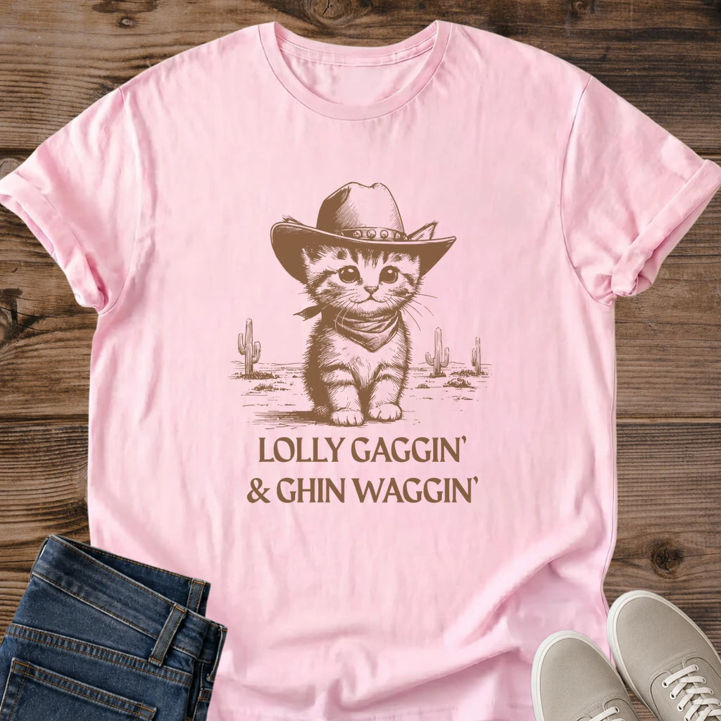 Everyday Casual Tee Cat Cowboy Design Vintage Western Kitten Graphic Soft Cotton Crew Neck Style Comfortable Daily Wear Neutral Color Shirt Classic Fit Fashion Playful Illustration Details Easy Layering Essential Relaxed Weekend Style