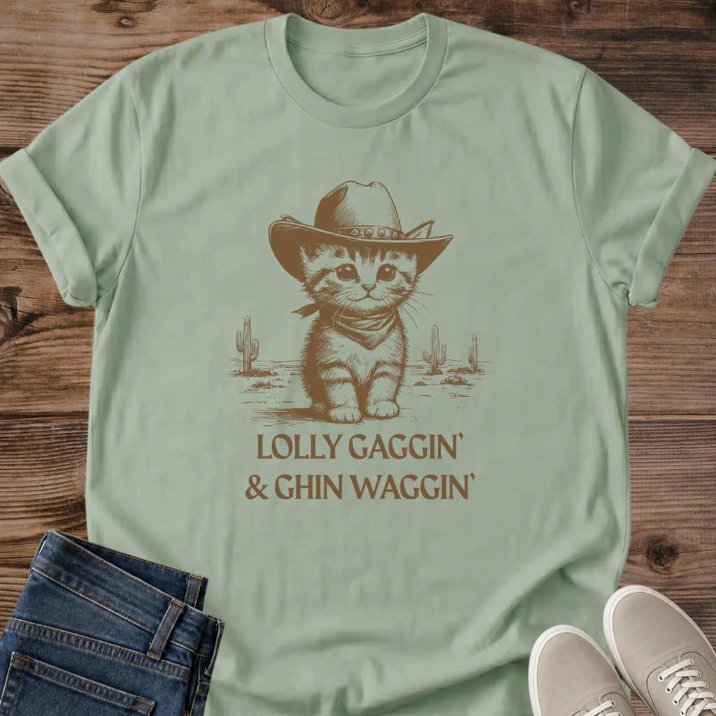 Vintage Western Shirt Kitten Cowboy Design Graphic Tee Style Soft Cotton Fabric Crew Neck Casual Wear Country Charm Details Classic Fit Shirt Comfortable Daily Essential Playful Cat Illustration Neutral Base Color Relaxed Fashion Choice