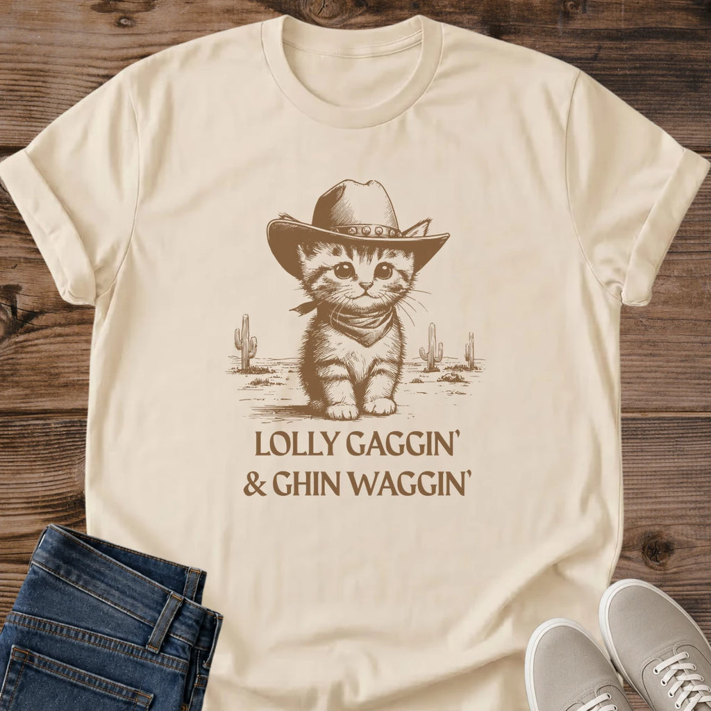 Cat Lover Shirt Western Kitten Graphic Tee Vintage Cowboy Hat Design Soft Cotton Crew Neck Style Perfect Gift Idea Casual Everyday Wear Comfortable Fit Playful Illustration Details Neutral Color Base Relaxed Weekend Style Easy Layering