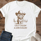 Playful Cat Graphic Vintage Kitten Cowboy Hat Design Western Style Tee Soft Cotton Crew Neck Shirt Casual Comfort Wear Neutral Base Color Classic Fit Design Relaxed Fashion Choice Easy Everyday Layering Piece Coffee Shop Style Weekend Wear
