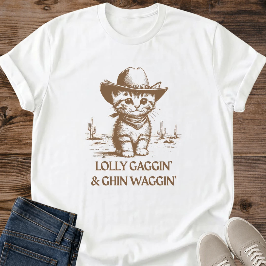 Playful Cat Graphic Vintage Kitten Cowboy Hat Design Western Style Tee Soft Cotton Crew Neck Shirt Casual Comfort Wear Neutral Base Color Classic Fit Design Relaxed Fashion Choice Easy Everyday Layering Piece Coffee Shop Style Weekend Wear