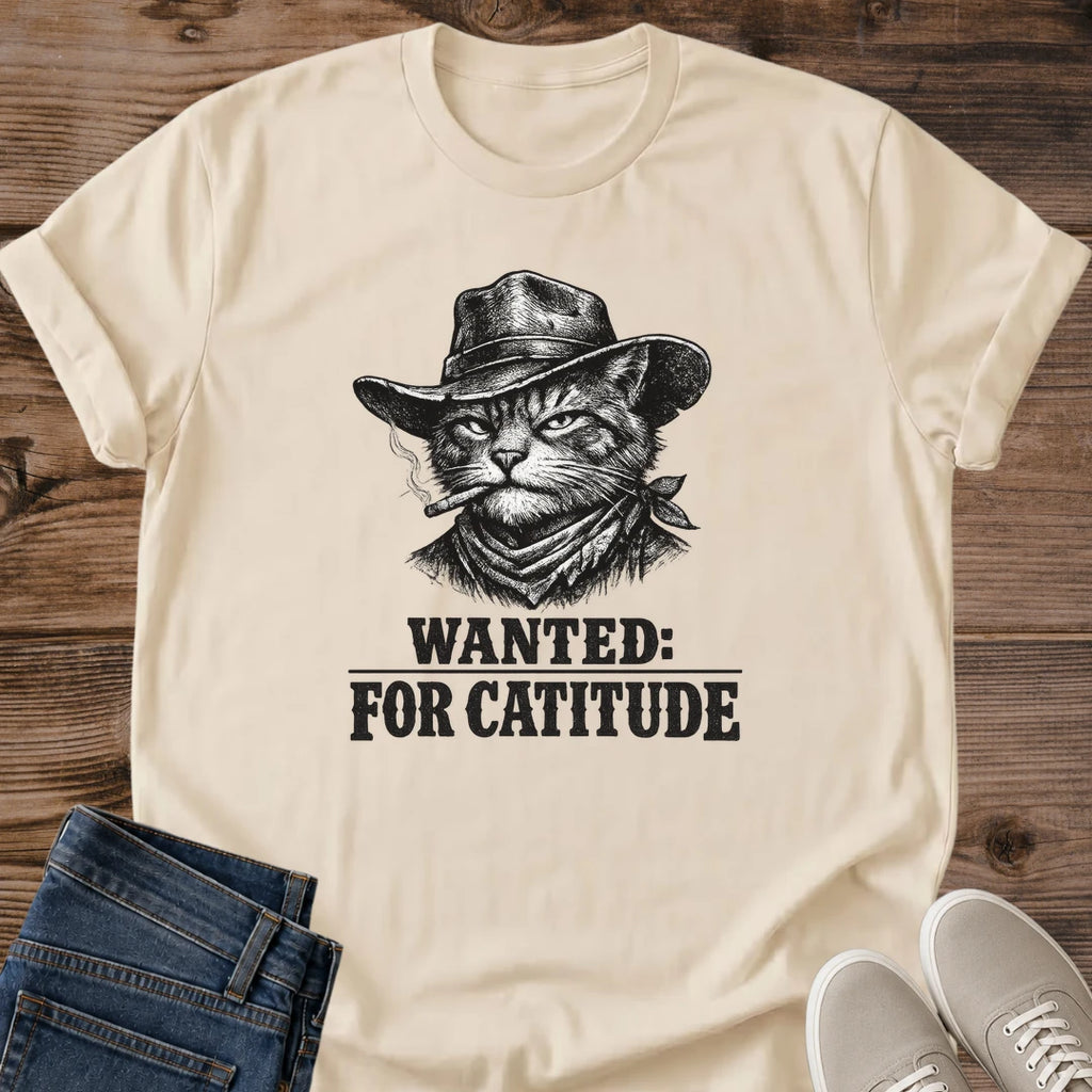 Graphic Cat Tee Funny Vintage Design Wanted Poster Shirt Cotton Casual Apparel Western Cat Theme Novelty Gift Collection Cat Lover Present Statement Shirt Design Pet Owner Gift Essential Humorous Graphic Tee Lightweight Cotton Fabric