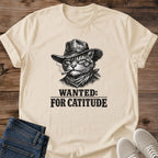 Graphic Cat Tee Funny Vintage Design Wanted Poster Shirt Cotton Casual Apparel Western Cat Theme Novelty Gift Collection Cat Lover Present Statement Shirt Design Pet Owner Gift Essential Humorous Graphic Tee Lightweight Cotton Fabric