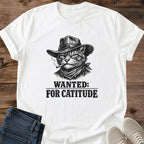 Funny Cat Shirt Vintage Wanted Poster Design Cotton Graphic Tee Western Theme Cat Lover Gift Novelty Statement Apparel Lightweight Fabric Casual Wear Essential Pet Owner Present Animal Enthusiast Gift Humorous Design Everyday Shirt
