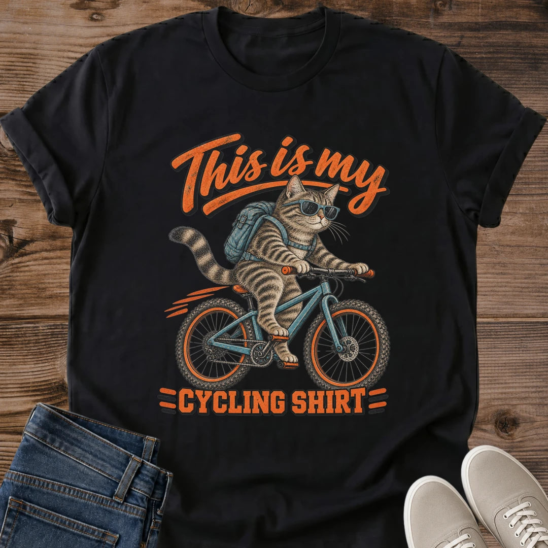 Funny Cat Graphic Tee This Is My Cycling Shirt Bike Print Retro Aesthetic Cat Owner Shirt Gift For Cat Lovers Softstyle Cotton Comfortable Relaxed Fit Statement Piece Everyday Casual Wear Apparel Gift Idea
