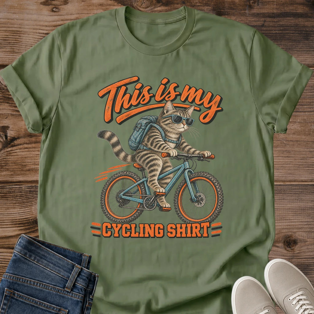 Cat Cycling Tee This Is My Cycling Shirt Bike Design Funny Cat Lover Gift For Him Softstyle Cotton Comfortable Relaxed Fit Casual Weekend Wear Retro Print Cat Dad Statement Apparel Everyday Layering Piece For Fun