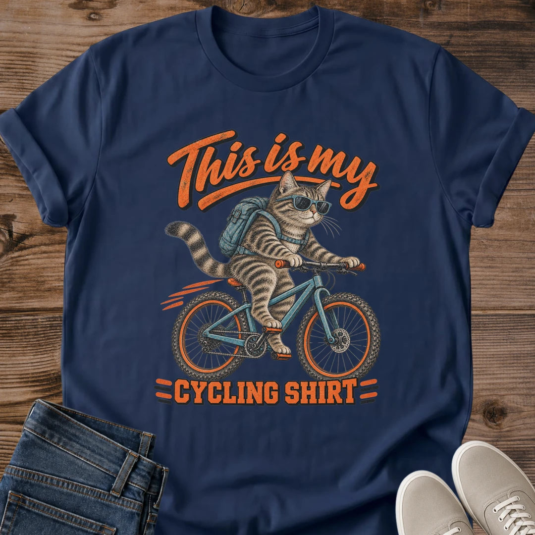 Cat Cycling Tee This Is My Cycling Shirt Bike Design Funny Cat Lover Gift For Him Softstyle Cotton Comfortable Relaxed Fit Casual Weekend Wear Retro Print Cat Dad Statement Apparel Everyday Layering Piece For Fun