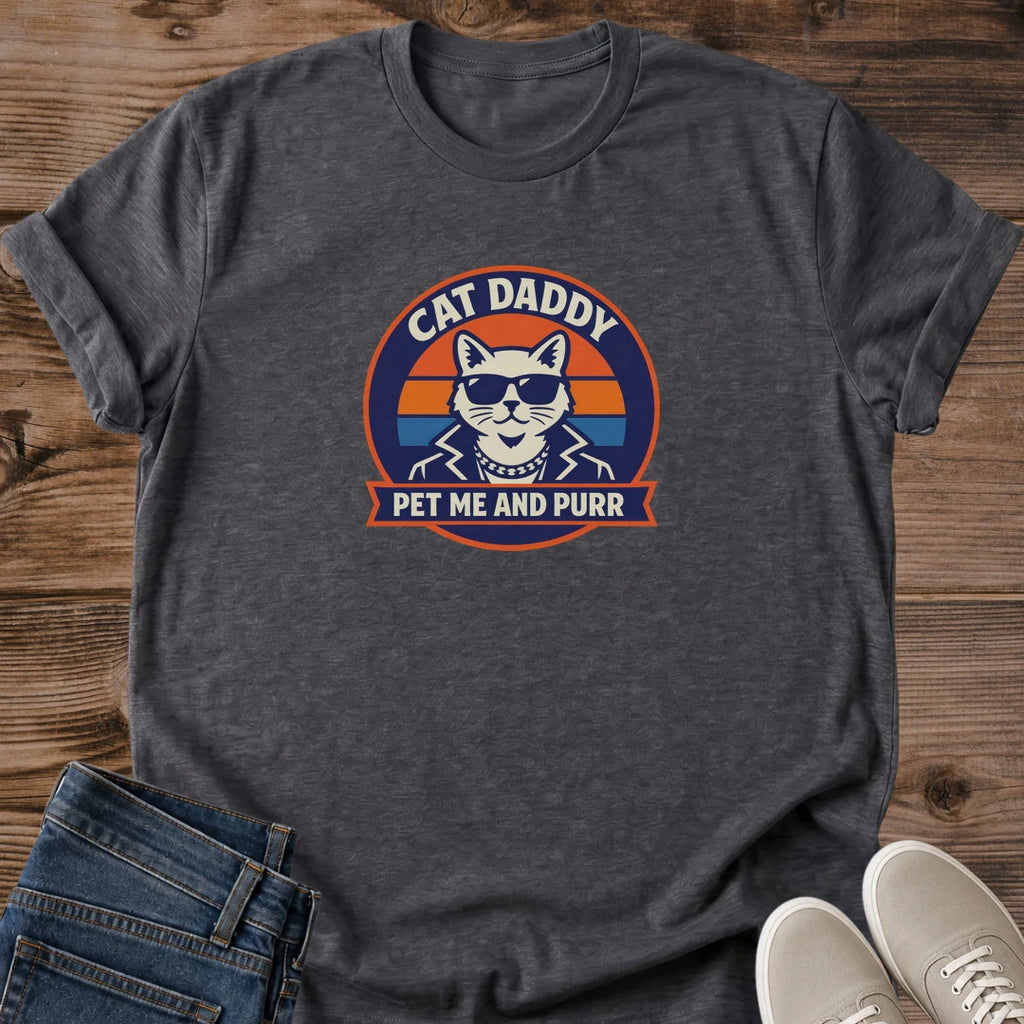 Cat Owner Gift Men Retro Shirt Vintage Sunset Cat Design Graphic Tee Cool Cat Wearing Sunglasses Blazer Gold Chain Stylish Tabby Design Cat Lover Present Novelty Shirt Cat Enthusiast Men Statement Tee Casual Wear Gift