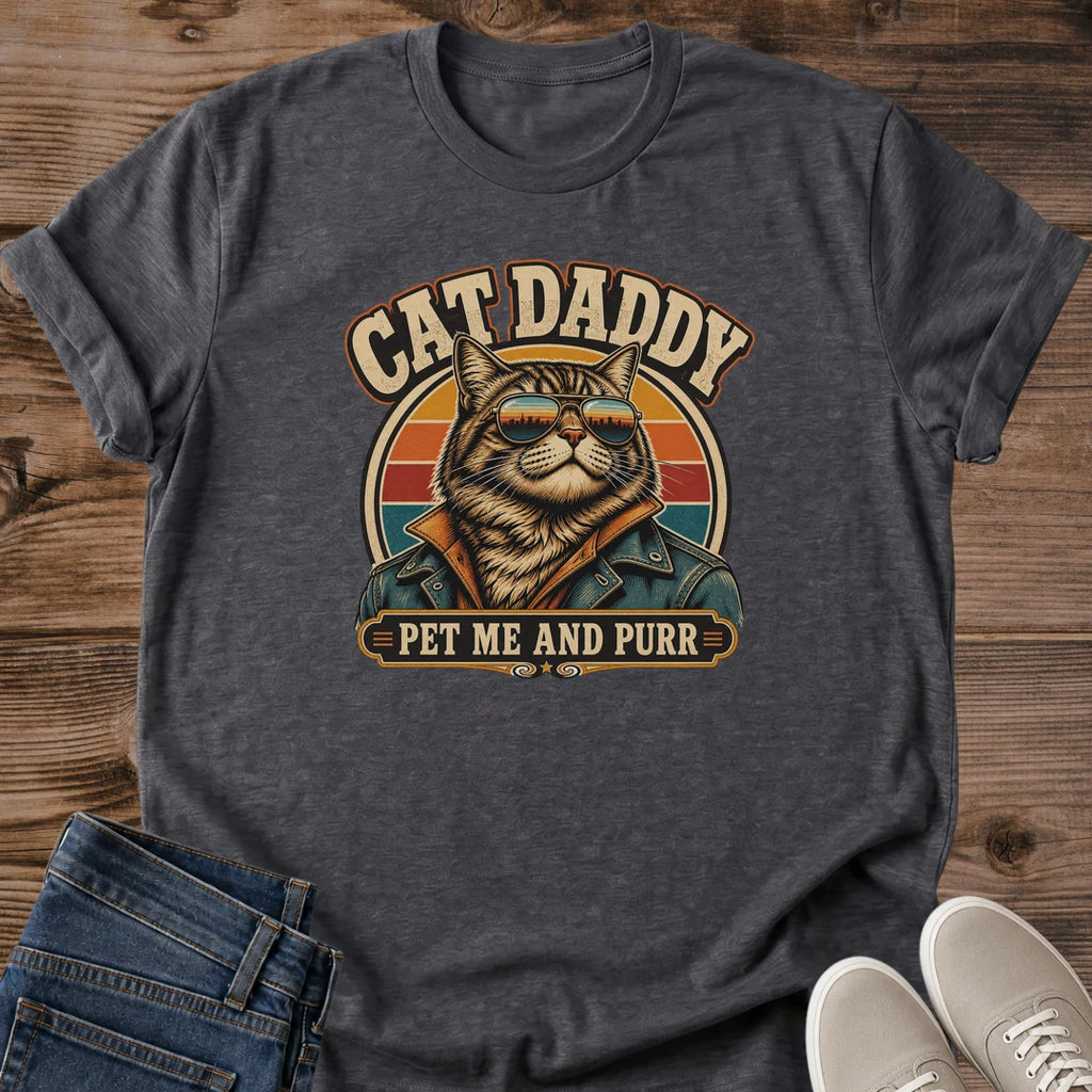 Cat Lover Shirt Men Funny Cat Dad Design Pet Me And Purr Vintage Seventies Style Retro Graphic Tee Cat Owner Gift Idea Father's Day Present Novelty Apparel Men's Casual Shirt Statement Wear Pet Parent Clothing Unique Cat Themed Tee