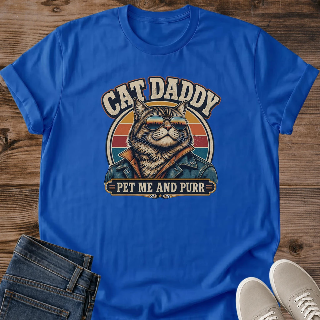 Vintage Cat Shirt Men Retro Seventies Design Funny Cat Dad Tee Pet Me And Purr Slogan Father's Day Gift Idea Cat Lover Apparel Graphic Tee Shirt Novelty Present Cat Owner Gift Men's Casual Wear Statement Clothing Pet Parent Style