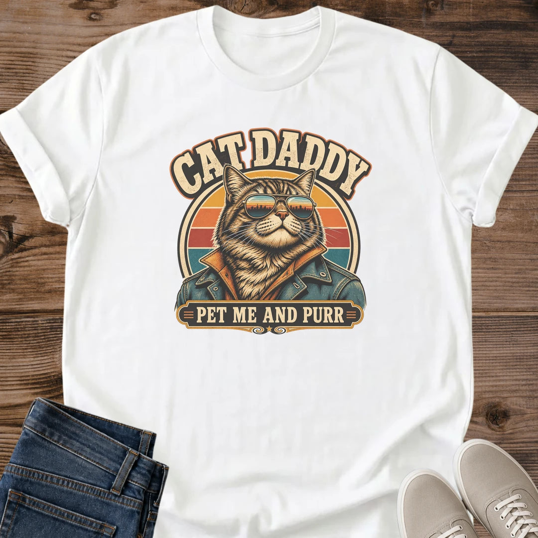 Men's Cat Shirt Graphic Tee Design Funny Cat Dad Apparel Pet Me And Purr Vintage Seventies Retro Style Cat Lover Gift Father's Day Present Novelty Shirt Cat Owner Clothing Casual Wear Statement Piece Pet Parent Tee Unique Cat Themed