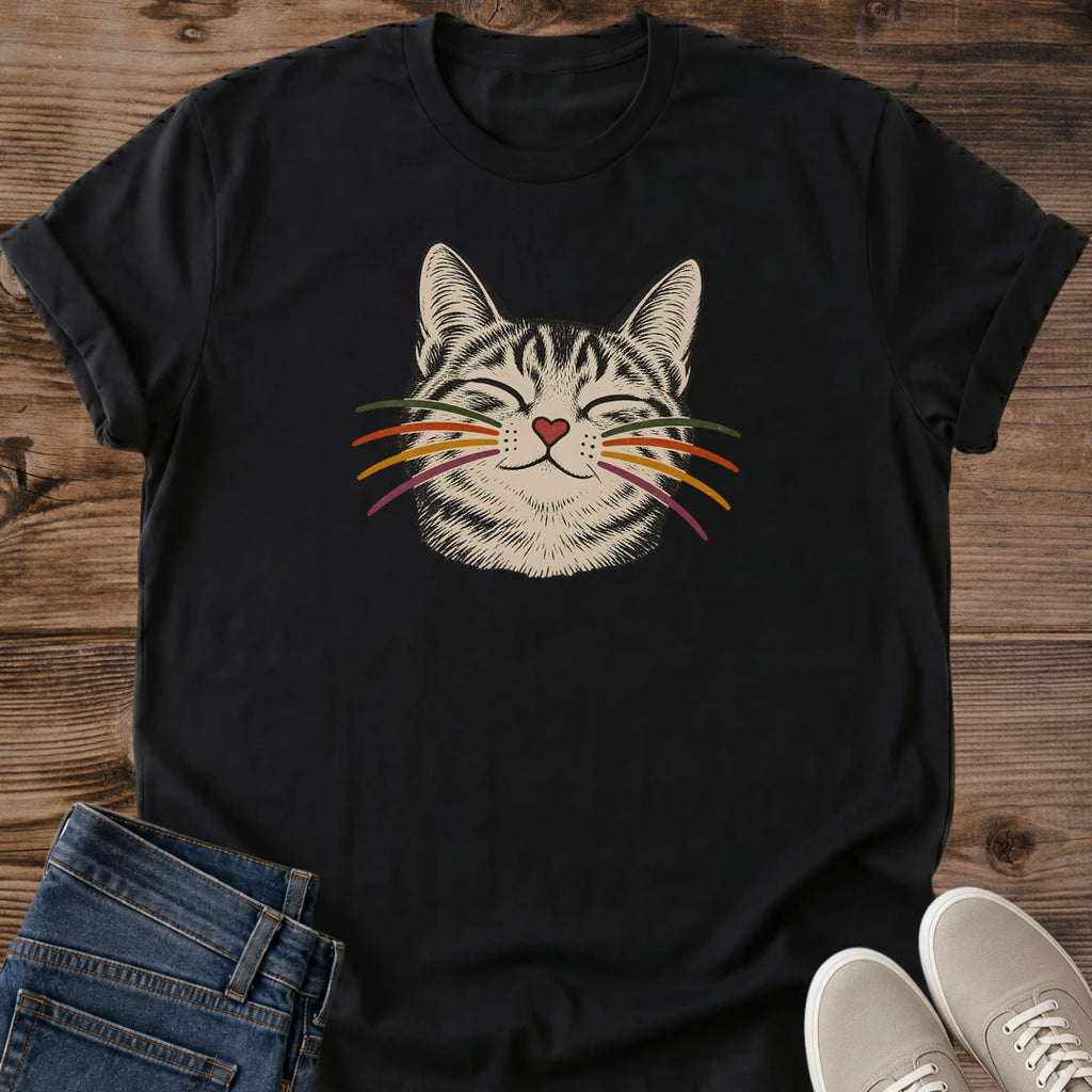 Content Cat Tee Cat Face Portrait Heart Nose Colorful Whisker Design Cute Cat Lover Gift For Her Softstyle Cotton Comfortable Relaxed Fit Casual Weekend Wear Illustrated Print Cat Mom Statement Apparel Everyday Layering