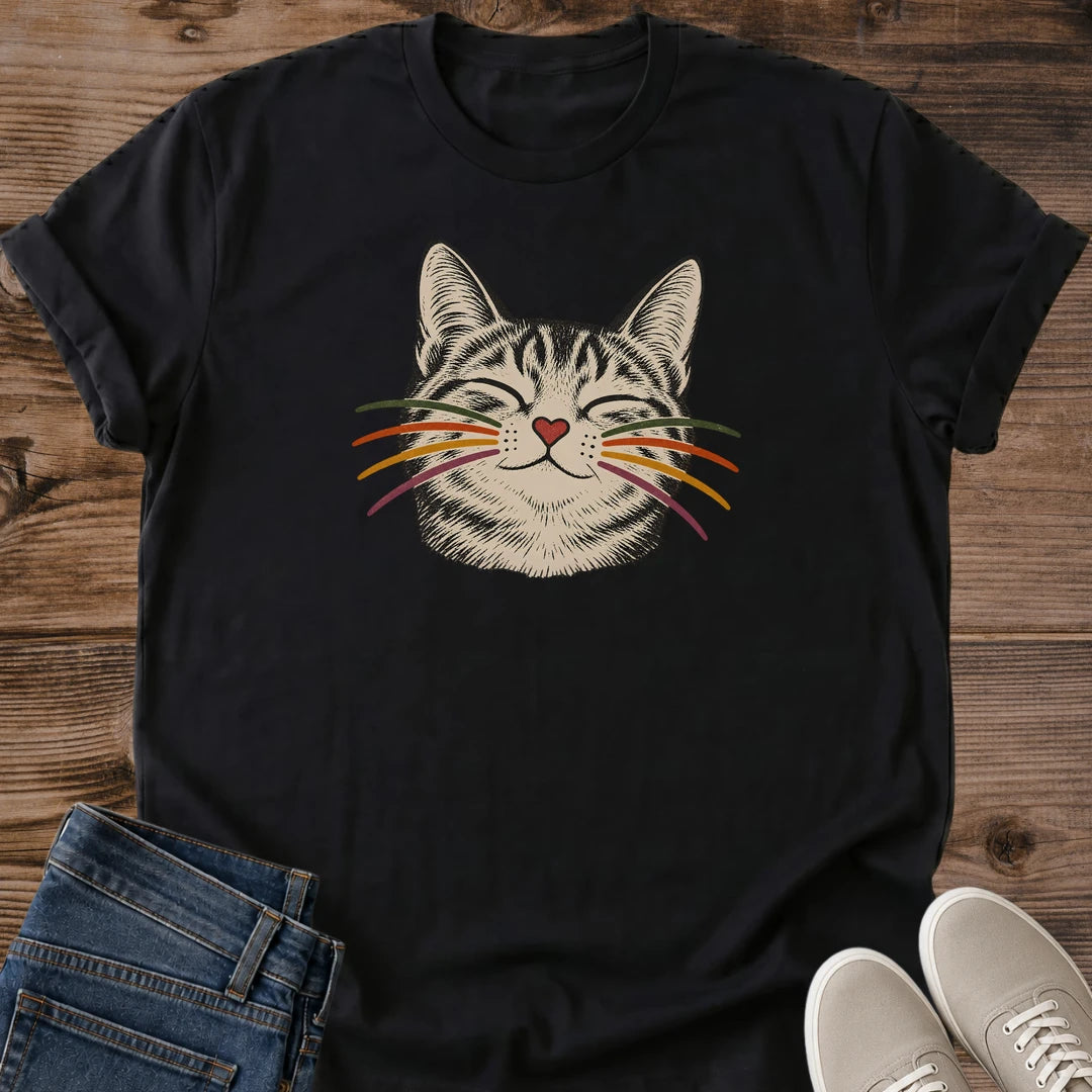 Content Cat Tee Cat Face Portrait Heart Nose Colorful Whisker Design Cute Cat Lover Gift For Her Softstyle Cotton Comfortable Relaxed Fit Casual Weekend Wear Illustrated Print Cat Mom Statement Apparel Everyday Layering
