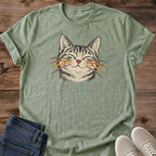 Detailed Cat Shirt Cat Face Portrait Colorful Whiskers Graphic Tee Cute Gift Idea Ring Spun Cotton Soft Breathable Fabric Relaxed Unisex Fit Illustrated Print Design Cat Person Apparel Casual Everyday Wear Statement Piece