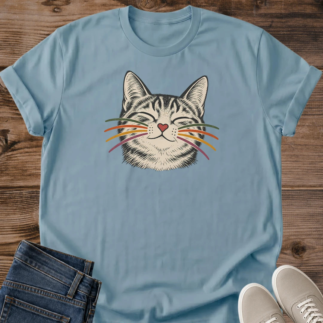 Content Cat Tee Cat Face Portrait Heart Nose Colorful Whisker Design Cute Cat Lover Gift For Her Softstyle Cotton Comfortable Relaxed Fit Casual Weekend Wear Illustrated Print Cat Mom Statement Apparel Everyday Layering