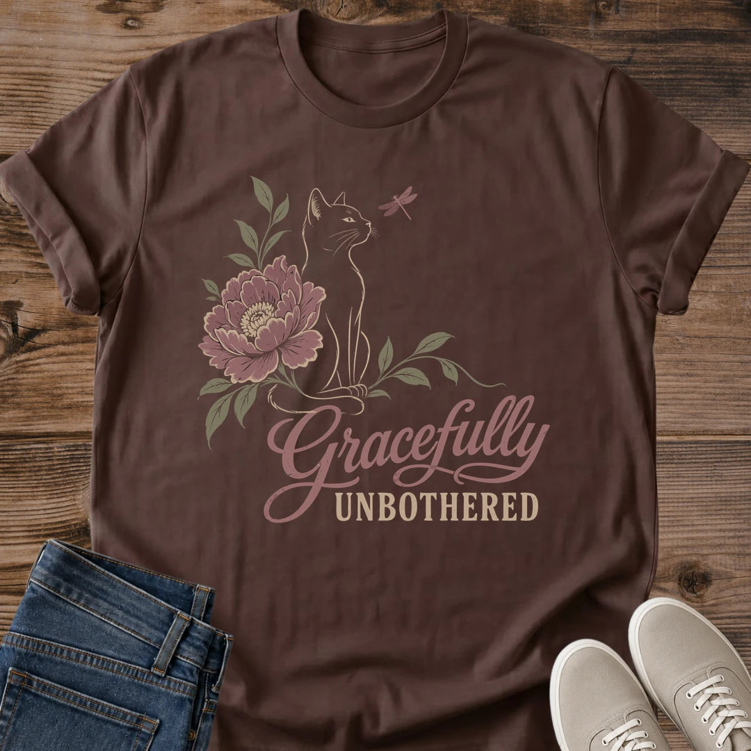 Comfortable Casual Tee Cat Graphic Design Vintage Floral Pattern Soft Lightweight Fabric Everyday Wear Essential Delicate Botanical Motif Muted Tone Aesthetic Graceful Cat Silhouette Minimalist Artistic Style Beautiful Nature Inspired